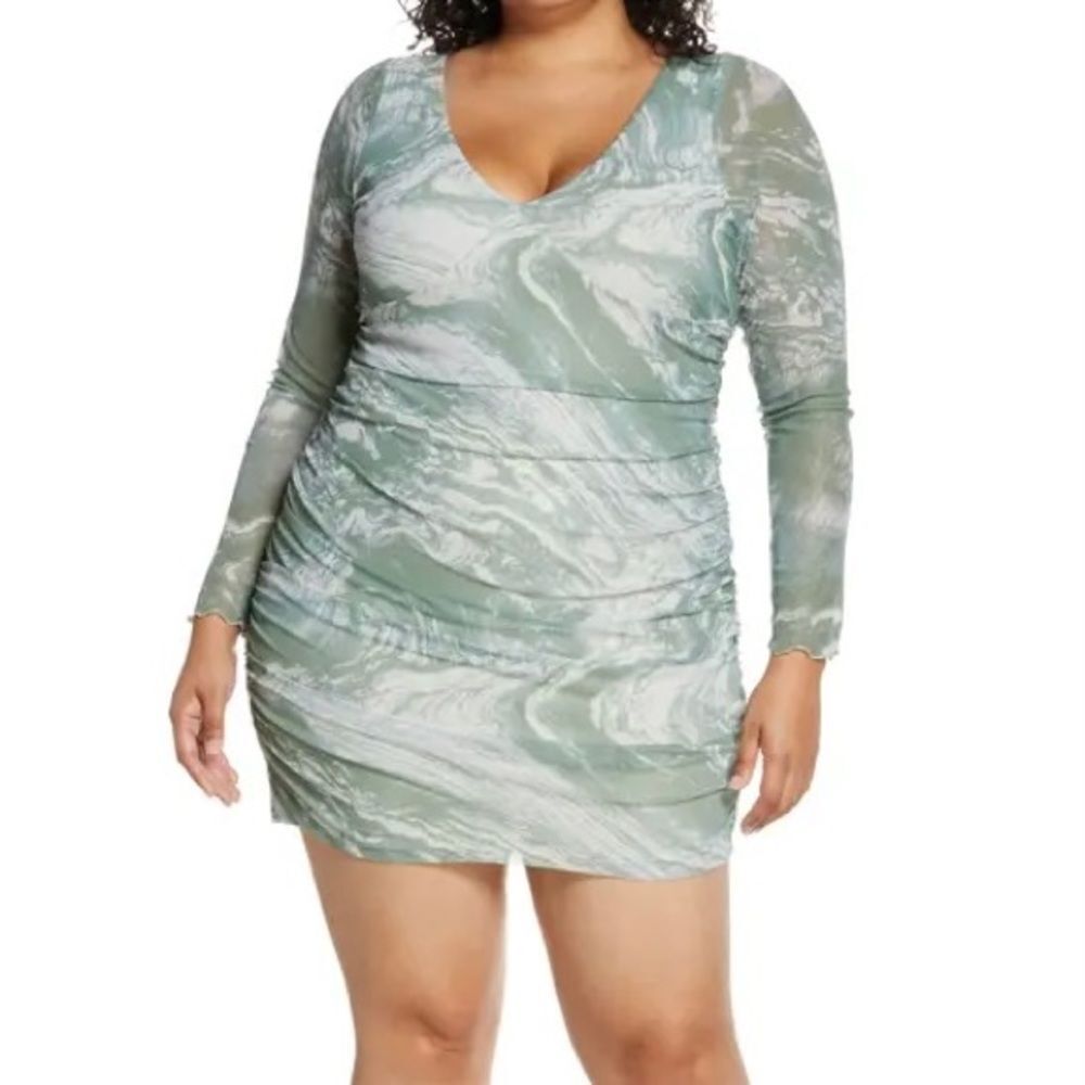 BP Women’s Dress Mini Long Sleeve Body-Con Marble Print Green White 1X NEW NWT